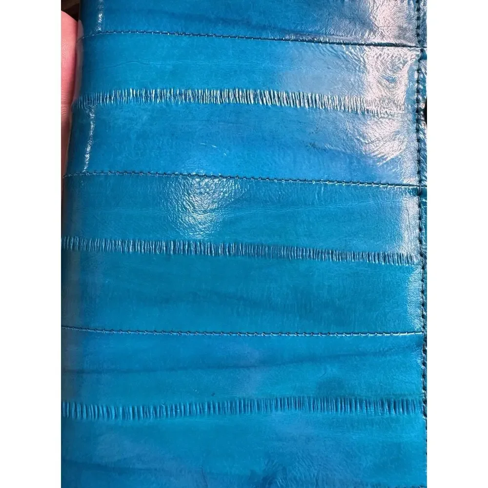 Eel Skin Leather Wallet Turquoise Blue Organizer Clutch + Keychain Vintage Teal - Picture 12 of 15